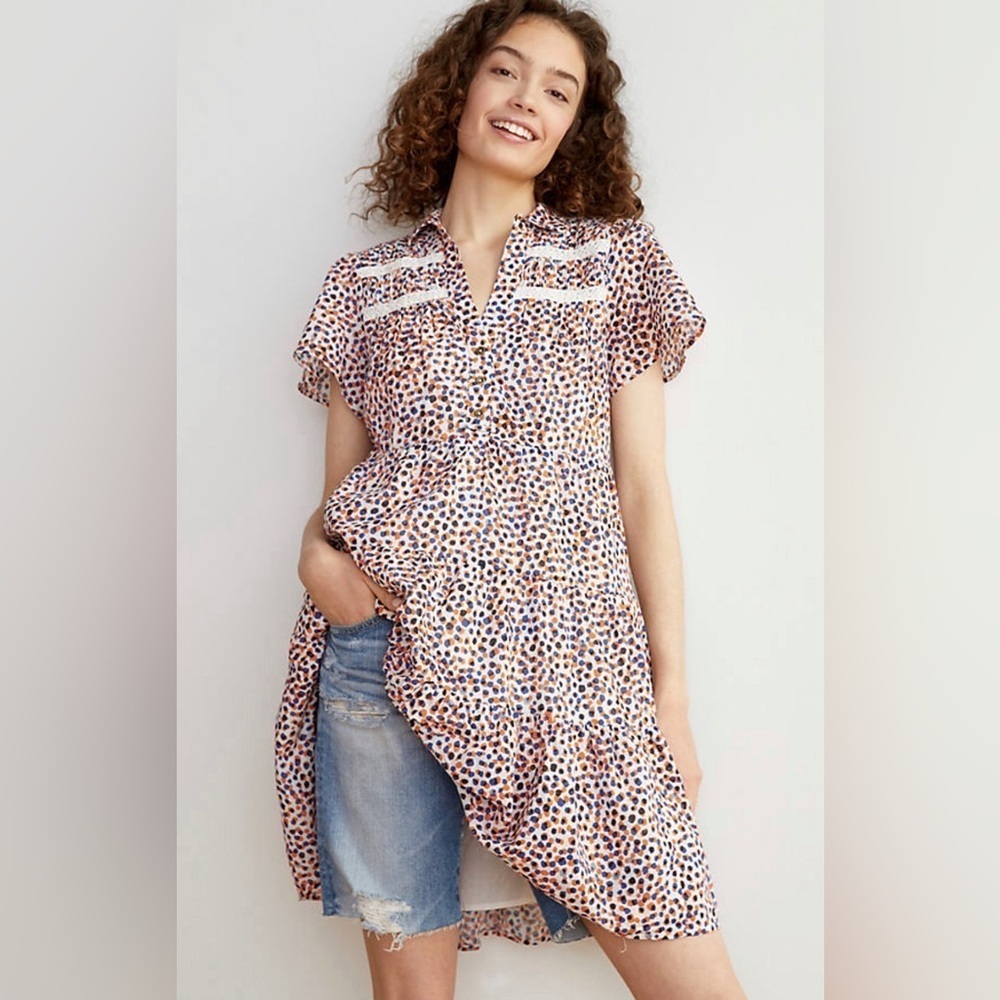 Anthropologie Georgina Tiered Shirtdress In Orange Blue Funky Dot M
